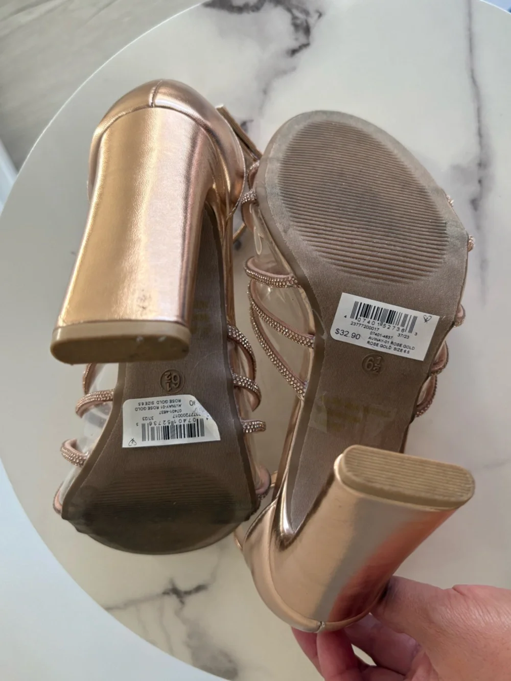 Windsor Rose Gold Rhinestone Metallic Knotted Strap Heels Size 6.5 - Picture 5 of 7